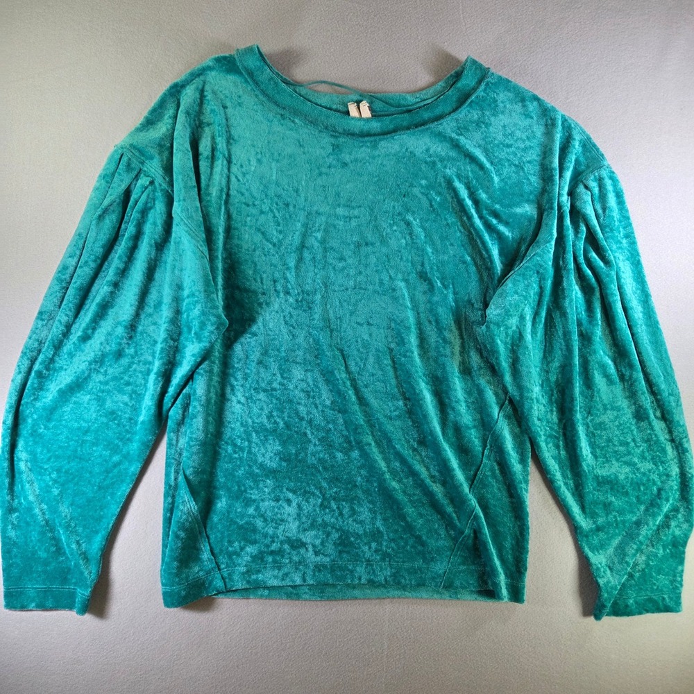 We The Free People In My Element Teal Green Crushed Velvet Puff Sleeve Top Large